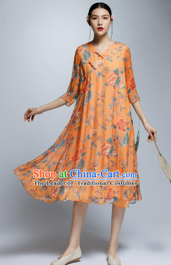 Chinese Traditional Printing Orange Cheongsam China National Costume Qipao Dress for Women