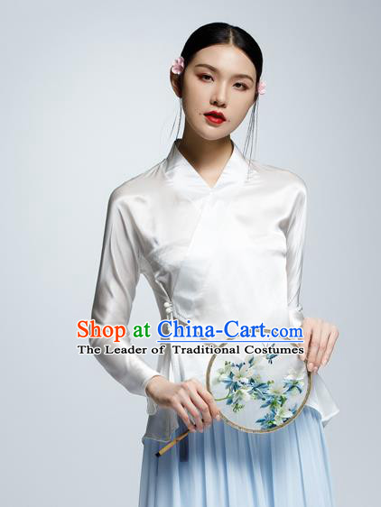 Chinese Traditional Costume White Silk Blouse China National Upper Outer Garment Shirt for Women