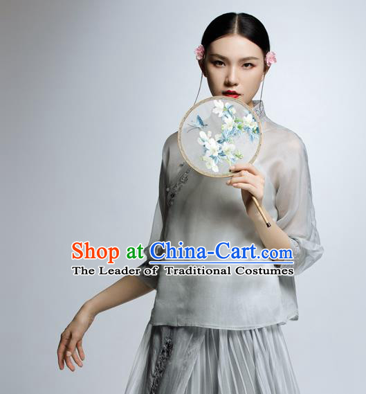 Chinese Traditional Costume Embroidered Grey Blouse China National Upper Outer Garment Shirt for Women