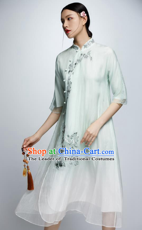 Chinese Traditional Green Organza Cheongsam China National Costume Tang Suit Qipao Dress for Women