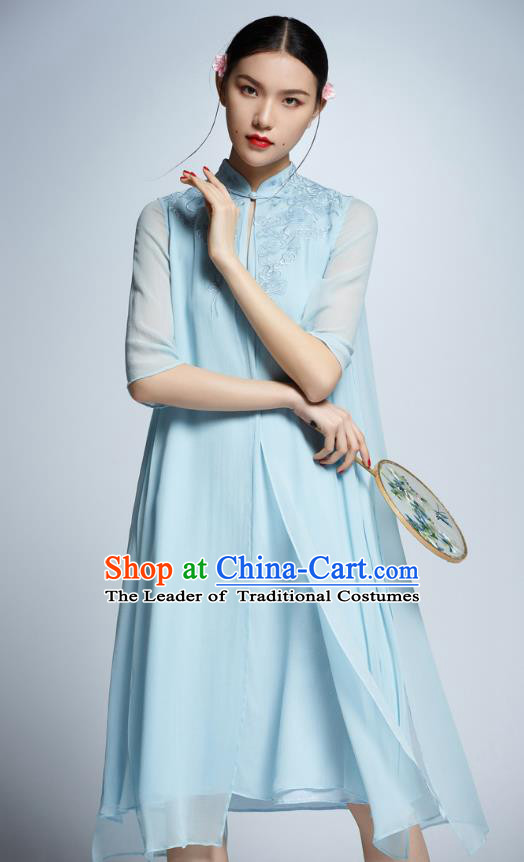 Chinese Traditional Embroidered Blue Cheongsam China National Costume Tang Suit Qipao Dress for Women