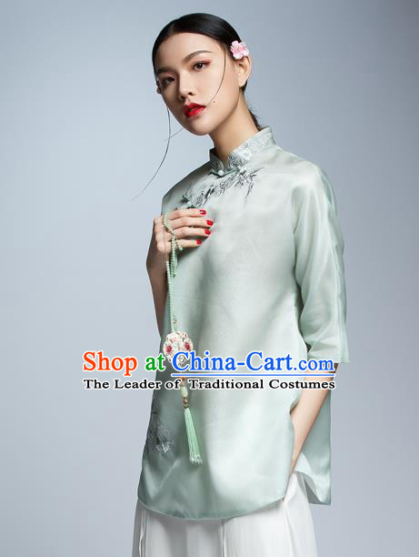 Chinese Traditional Costume Green Silk Cheongsam Blouse China National Upper Outer Garment Shirt for Women