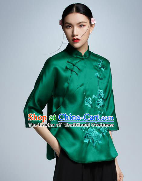 Chinese Traditional Costume Embroidered Green Cheongsam Blouse China National Upper Outer Garment Shirt for Women