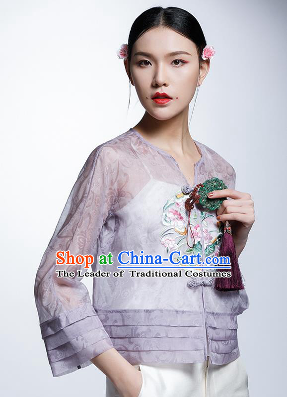 Chinese Traditional Costume Embroidered Lotus Purple Cheongsam Blouse China National Upper Outer Garment Shirt for Women