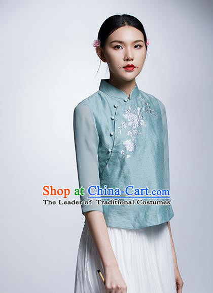 Chinese Traditional Costume Embroidered Flowers Green Cheongsam Blouse China National Upper Outer Garment Shirt for Women