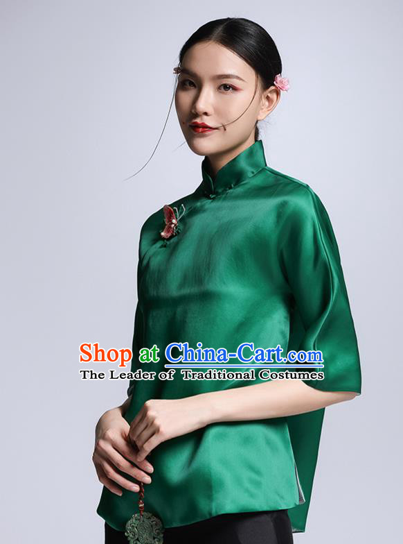 Chinese Traditional Tang Suit Green Silk Blouse China National Upper Outer Garment Cheongsam Shirt for Women