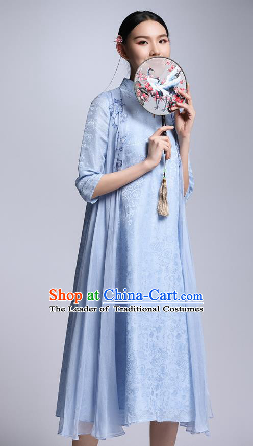 Chinese Traditional Tang Suit Blue Cheongsam China National Qipao Dress for Women