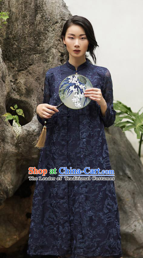 Chinese Traditional Tang Suit Embroidered Navy Cheongsam China National Qipao Dress for Women