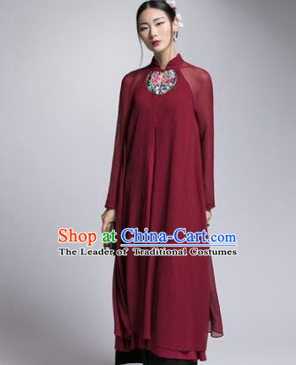 Chinese Traditional Tang Suit Embroidered Wine Red Cheongsam China National Qipao Dress for Women