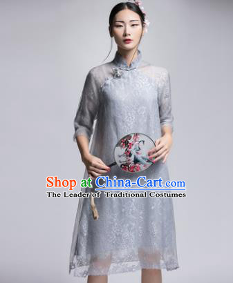 Chinese Traditional Tang Suit Grey Silk Cheongsam China National Qipao Dress for Women