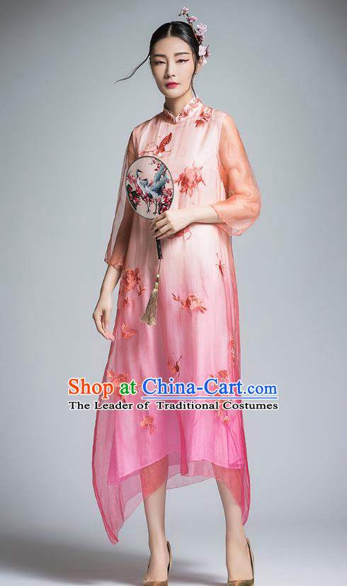 Chinese Traditional Tang Suit Embroidered Peony Organza Cheongsam China National Qipao Dress for Women