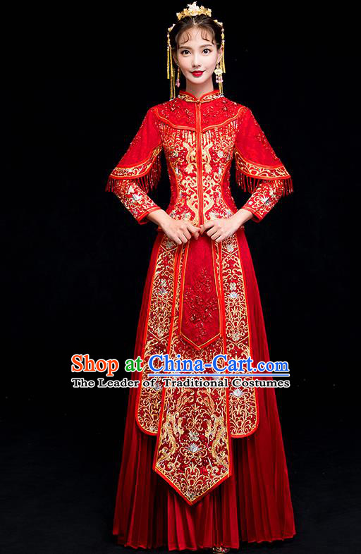 Chinese Traditional Wedding Embroidered Dress Toast Costumes Ancient Bride Xiuhe Suit Clothing for Women