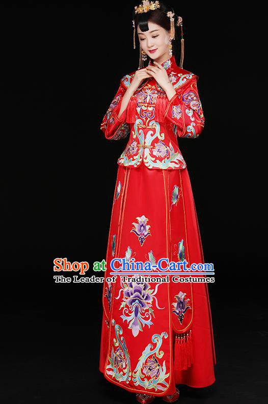 Traditional Chinese Embroidered Toast Cheongsam Ancient Bottom Drawer Xiuhe Suit Wedding Dress for Women