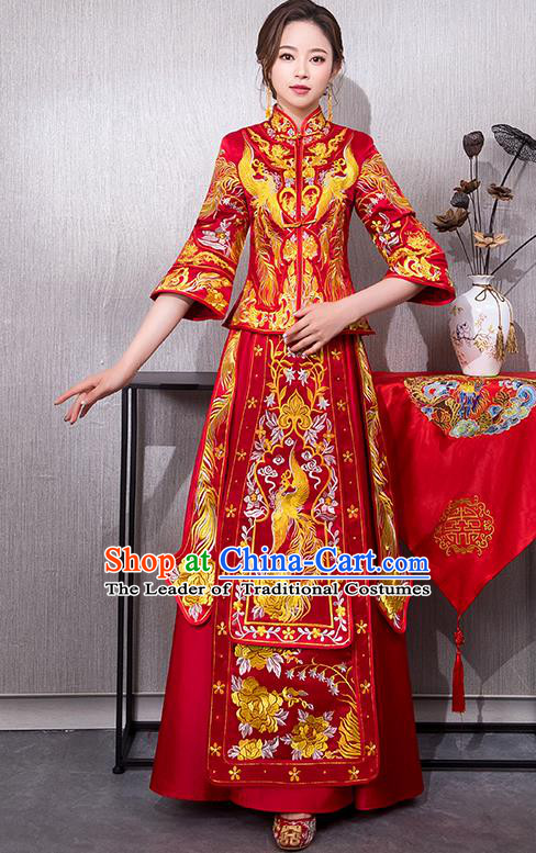 Chinese Traditional Bridal Red Xiuhe Suit Embroidered Phoenix Wedding Dress Ancient Bride Cheongsam for Women