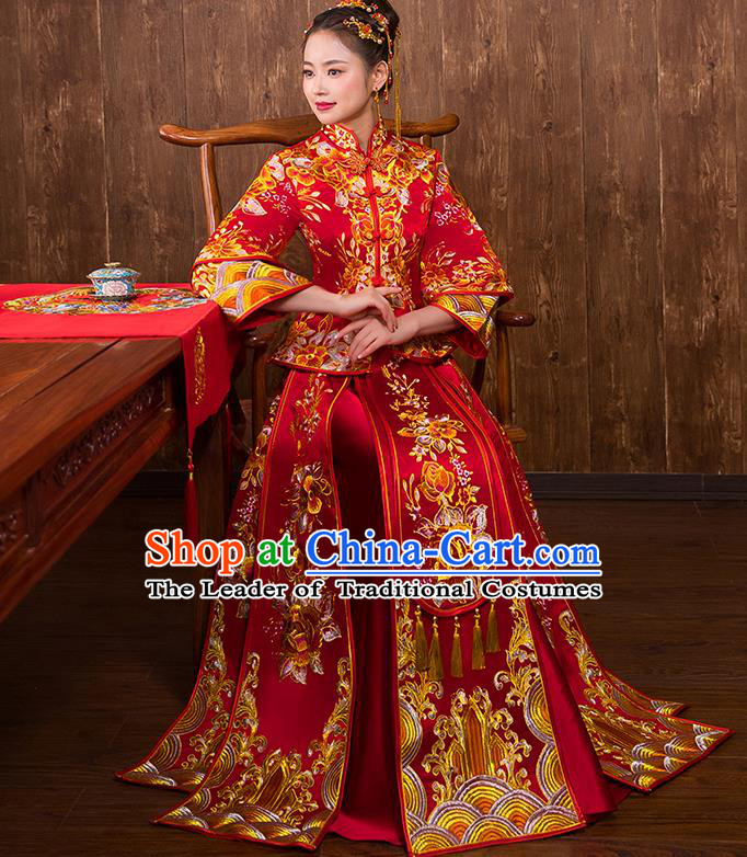 Chinese Traditional Wedding Bridal Embroidered Peony Xiuhe Suit Ancient Bride Red Cheongsam for Women