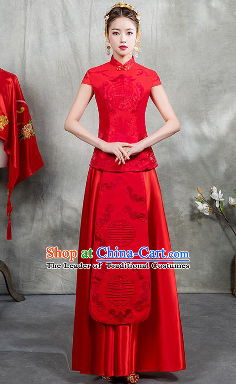 Chinese Traditional Embroidered Bridal Red Xiuhe Suit Ancient Wedding Toast Cheongsam Dress for Women