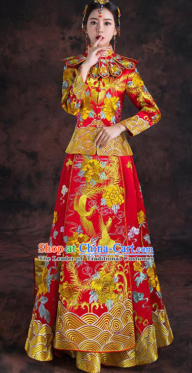 Traditional Chinese Trailing Toast Cheongsam Ancient Embroidered Phoenix Bottom Drawer Xiuhe Suit Wedding Dress for Women