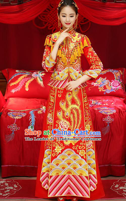 Chinese Traditional Red Toast Cheongsam Ancient Embroidered Phoenix Bottom Drawer Xiuhe Suit Wedding Dress for Women