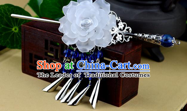 Chinese Traditional Ancient Hair Accessories Hanfu White Peony Hairdo Crown Tassel Hairpins Headwear for Women