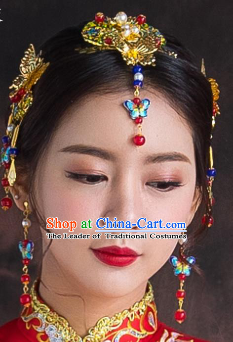 Chinese Traditional Wedding Hair Accessories Bride Blueing Butterfly Hairpins Complete Set for Women