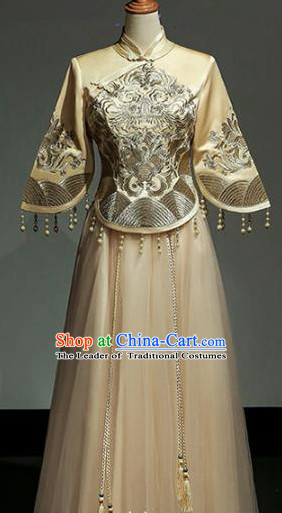 Chinese Traditional Wedding Yellow Xiuhe Suit Ancient Longfeng Flown Bride Embroidered Cheongsam Dress for Women