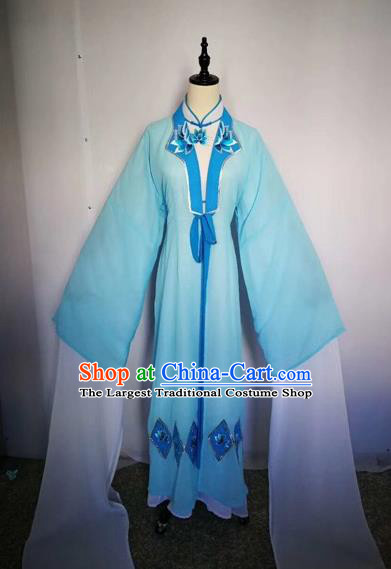 Chinese Traditional Peking Opera Actress Blue Dress Beijing Opera Buddhist Nun Embroidered Costumes for Adults