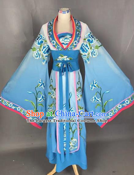 Chinese Traditional Peking Opera Diva Blue Embroidered Dress Ancient Imperial Consort Costume for Adults