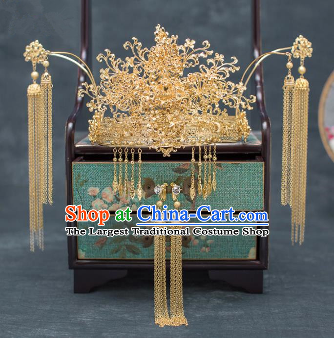 Chinese Ancient Hanfu Wedding Hair Accessories Traditional Golden Phoenix Coronet Hairpins for Women