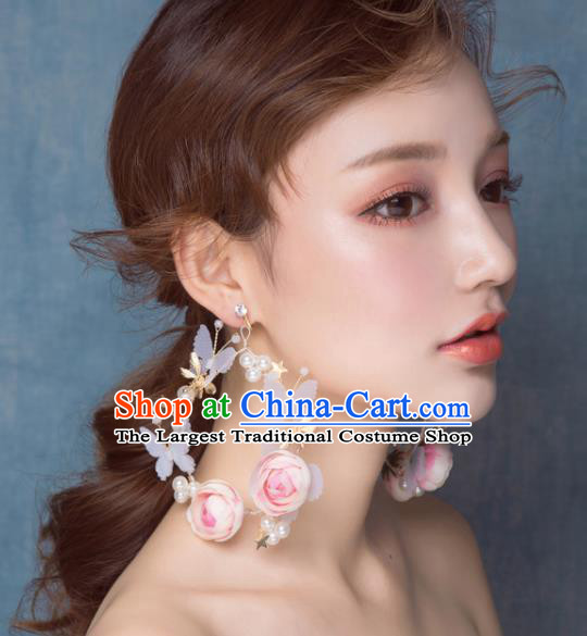 Top Grade Bride Wedding Accessories Pink Rose Earrings for Women