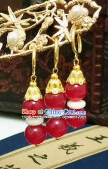 Chinese Ancient Red Beads Earrings Qing Dynasty Manchu Palace Lady Ear Accessories for Women