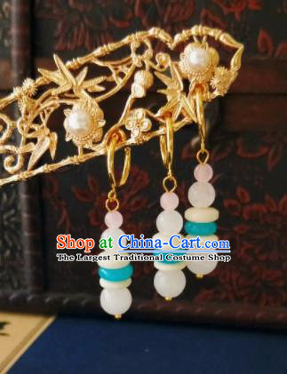 Chinese Ancient Three Strings Jade Beads Earrings Qing Dynasty Manchu Palace Lady Ear Accessories for Women