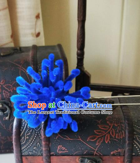 Chinese Ancient Qing Dynasty Hair Accessories Blue Velvet Flower Hairpins for Women