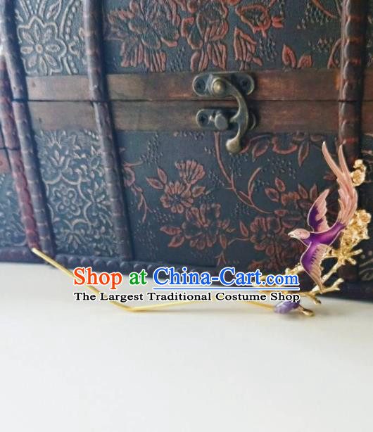 Chinese Ancient Qing Dynasty Hair Accessories Palace Purple Bird Hairpins for Women