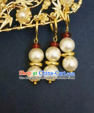 Chinese Ancient Pearls Earrings Qing Dynasty Manchu Palace Lady Three Strings Ear Accessories for Women