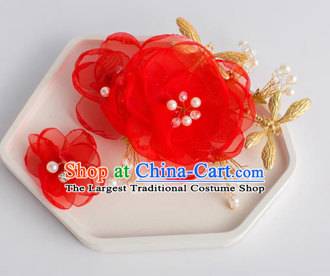 Top Grade Chinese Bride Wedding Hair Accessories Red Silk Rose Hair Stick for Women