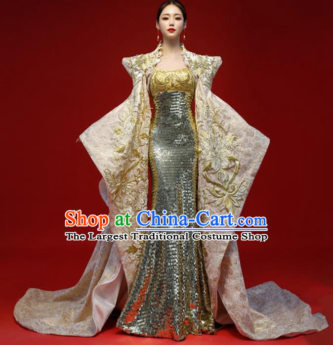 Top Grade Catwalks Golden Trailing Full Dress Compere Chorus Costume for Women