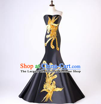 Chinese Traditional Phoenix Pattern Black Mermaid Full Dress Compere Chorus Costume for Women