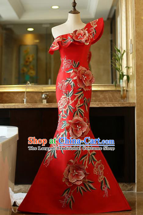 Chinese Traditional Compere Red Full Dress Embroidered Cheongsam Chorus Costume for Women