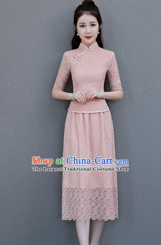 Chinese Traditional Qipao Dress Champagne Lace Cheongsam Suits Compere Costume for Women