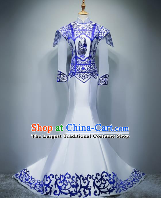 Chinese Traditional White Trailing Full Dress Compere Chorus Costume for Women