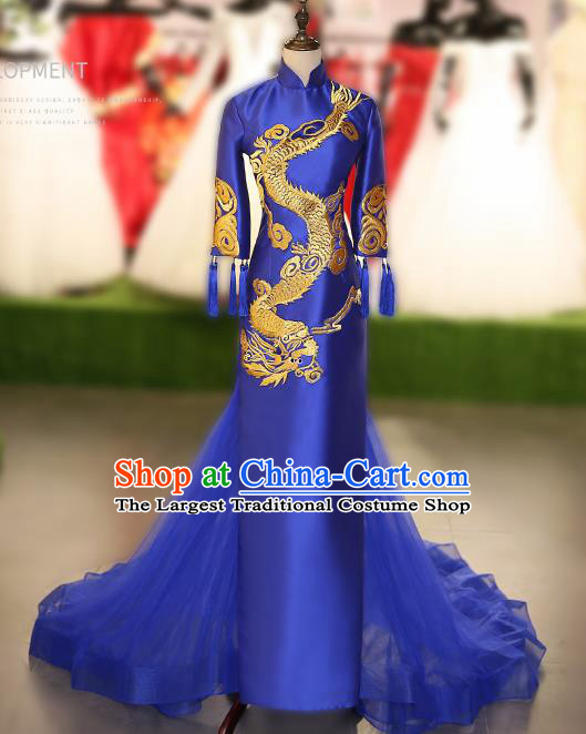 Chinese Traditional Embroidered Dragon Royalblue Full Dress Compere Chorus Costume for Women