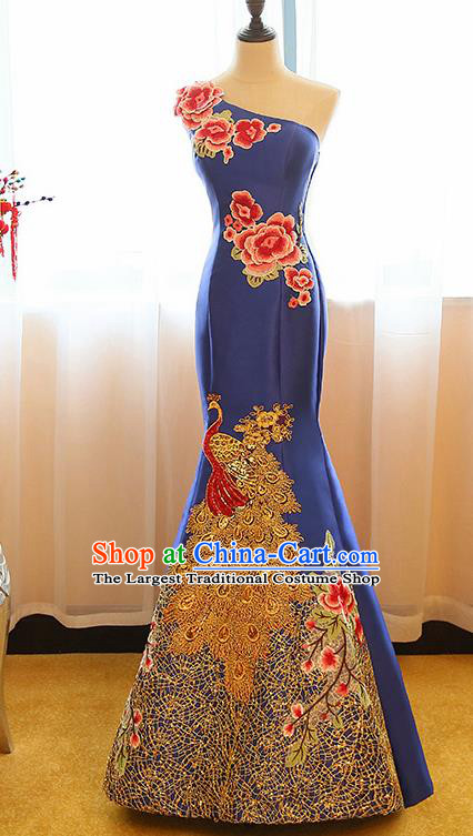 Chinese Traditional Compere Royalblue Full Dress Cheongsam Chorus Costume for Women