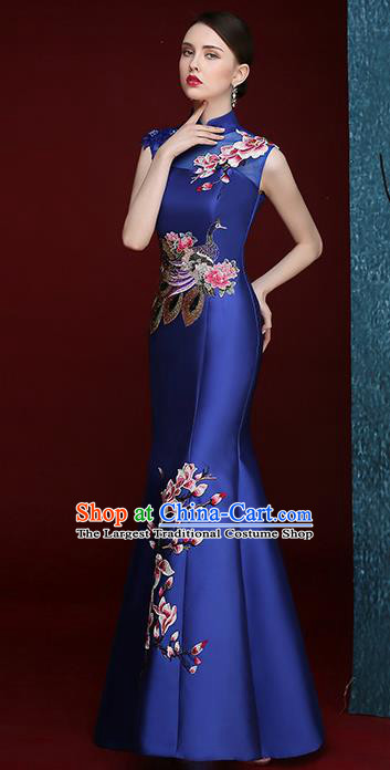 Chinese Traditional Compere Full Dress Embroidered Mangnolia Royalblue Cheongsam Chorus Costume for Women