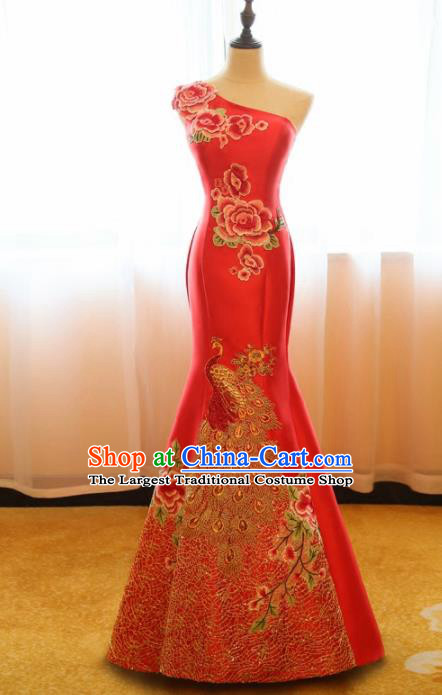 Chinese Traditional Compere Red Full Dress Cheongsam Chorus Costume for Women