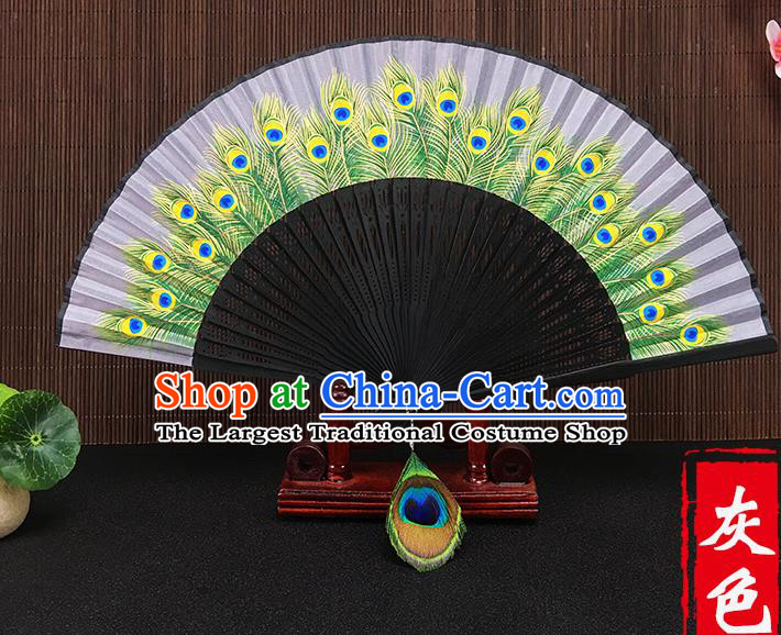 Chinese Traditional Craft Printing Peacock Feather Grey Folding Fans