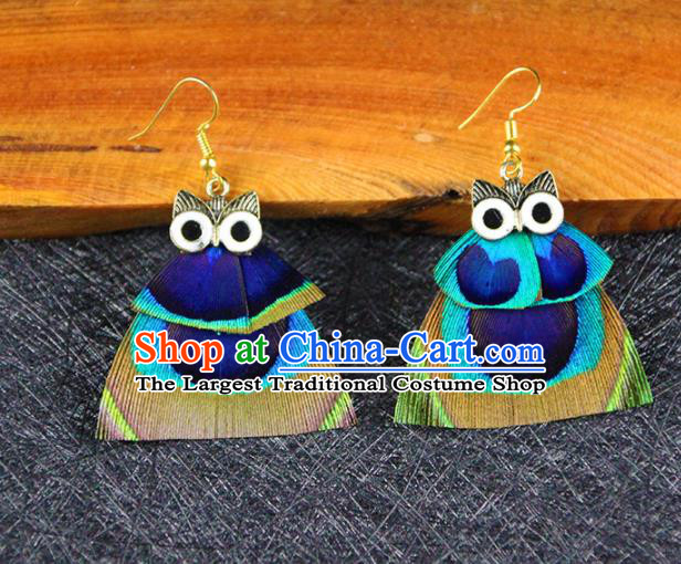 Chinese National Earrings Traditional Feather Owl Earrings for Women