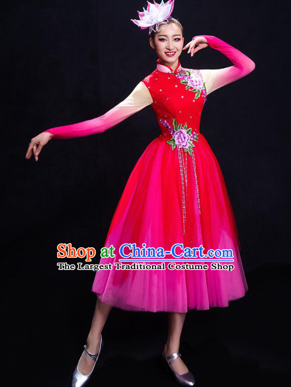 Chinese Traditional Fan Dance Rosy Dress Classical Umbrella Dance Costume for Women