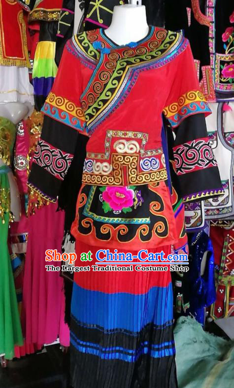 Chinese Traditional Yi Nationality Red Dress Embroidered Costumes for Women