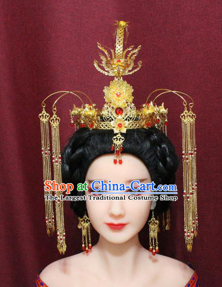 Chinese Traditional Handmade Hair Accessories Ancient Ming Dynasty Queen Golden Phoenix Coronet Hairpins for Women