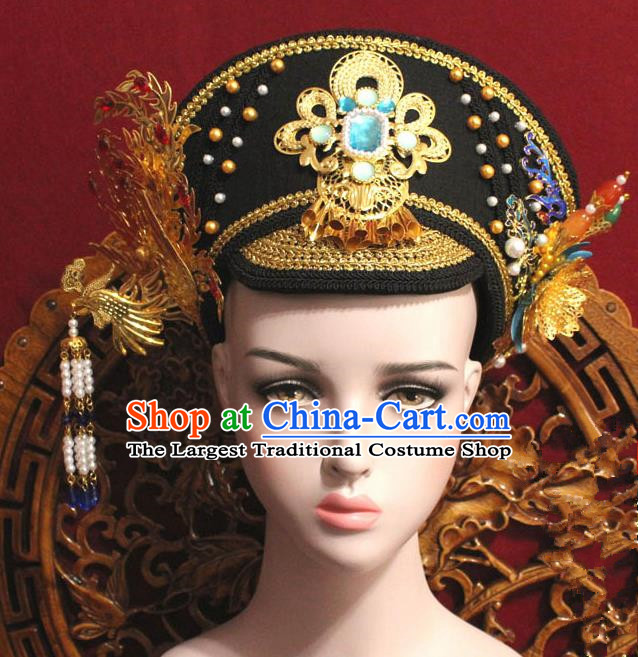 Chinese Ancient Qing Dynasty Empress Handmade Golden Phoenix Coronet Hair Accessories Hairpins for Women